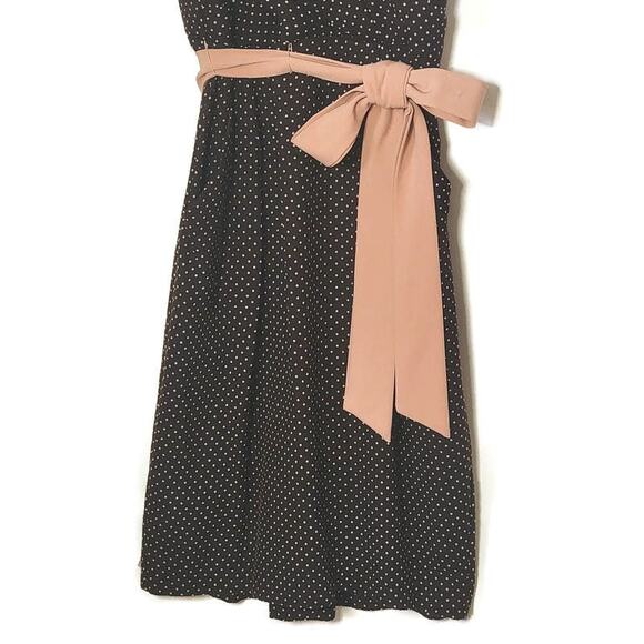 Eva Franco Polka Dot Brown and Pink Dress Tie Waist Midi Classic Chic Party 6 - Picture 3 of 16